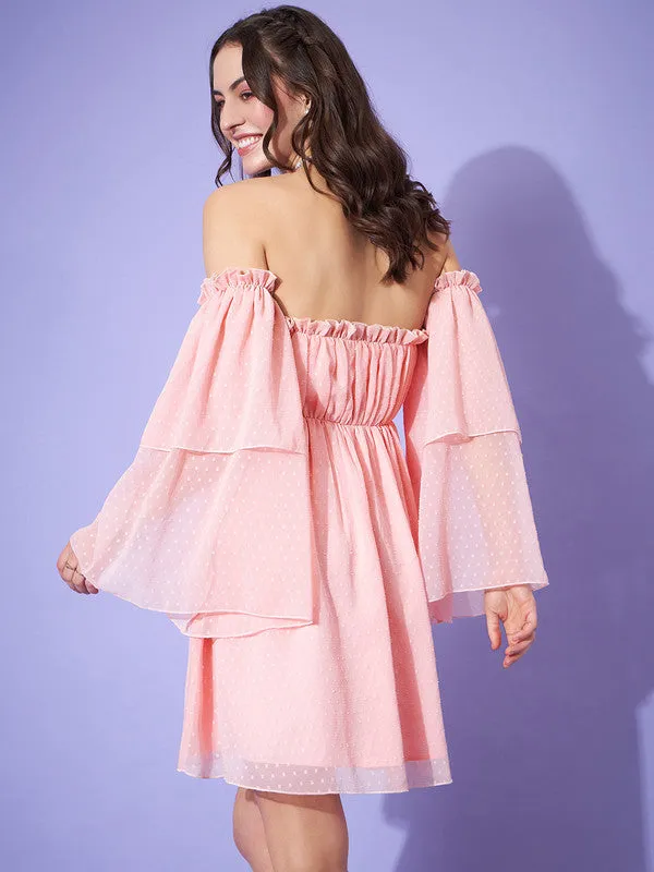 Berrylush Women Solid Pink Dobby Weave Off-Shoulder Neck Flutter Sleeve Ruffled A-Line Mini Dress