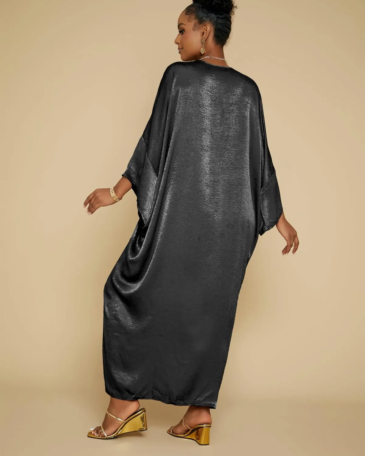Bsubseach Kaftan Dresses for Women Satin V-Neck Caftans Coverups Long Dress Plus Size Beach Cover Up