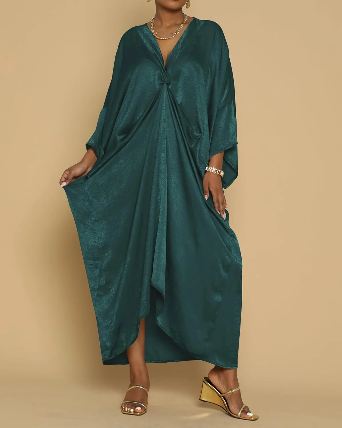 Bsubseach Kaftan Dresses for Women Satin V-Neck Caftans Coverups Long Dress Plus Size Beach Cover Up