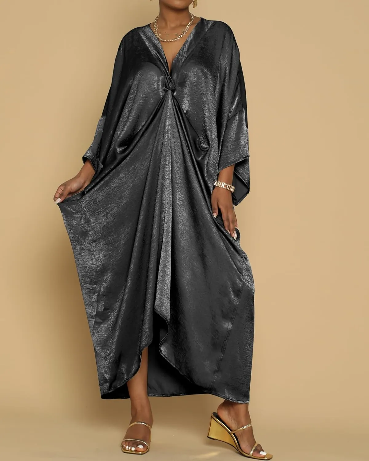 Bsubseach Kaftan Dresses for Women Satin V-Neck Caftans Coverups Long Dress Plus Size Beach Cover Up