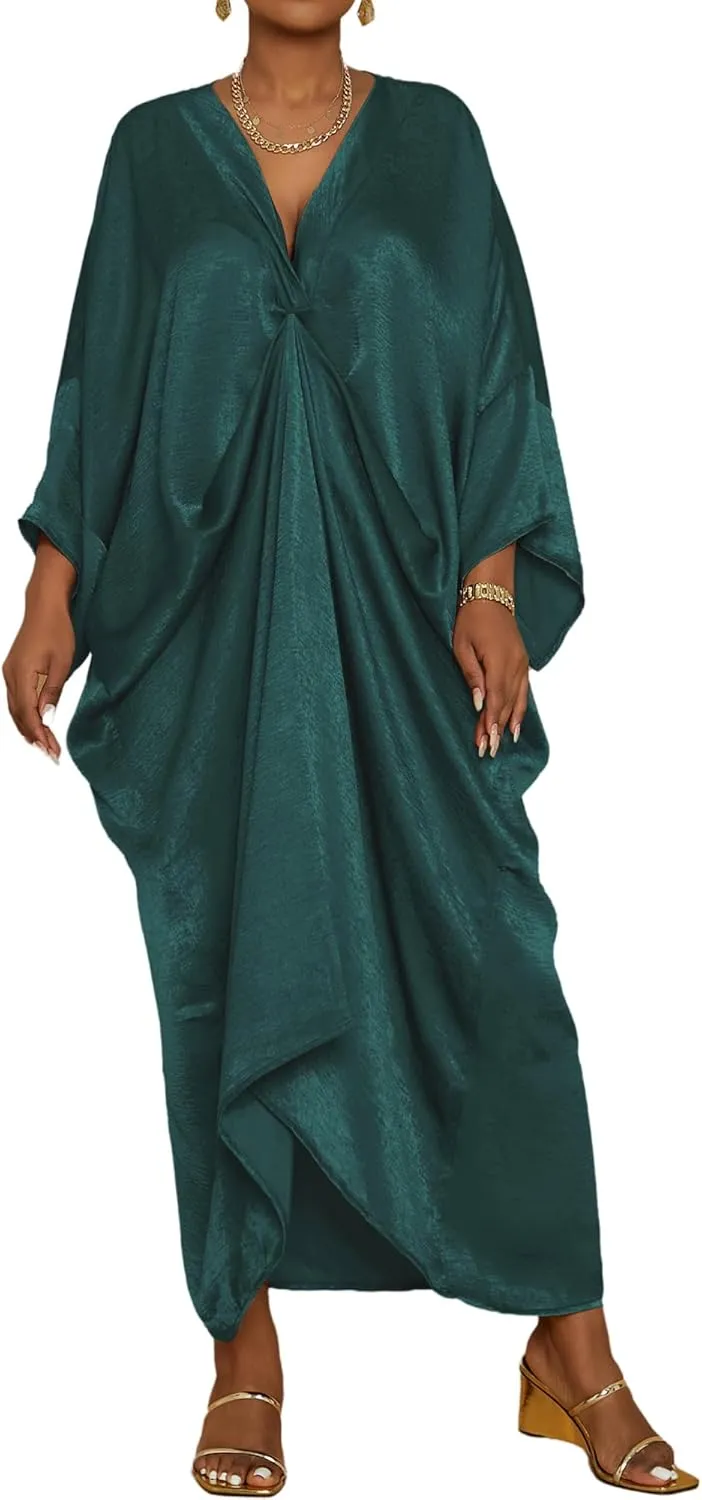 Bsubseach Kaftan Dresses for Women Satin V-Neck Caftans Coverups Long Dress Plus Size Beach Cover Up