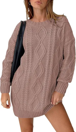 Cakulo Womens Oversized Chunky Cable Knit Mini Sweater Dress 2025 Fall Winter Pullover Long Sweaters Knitted Dresses