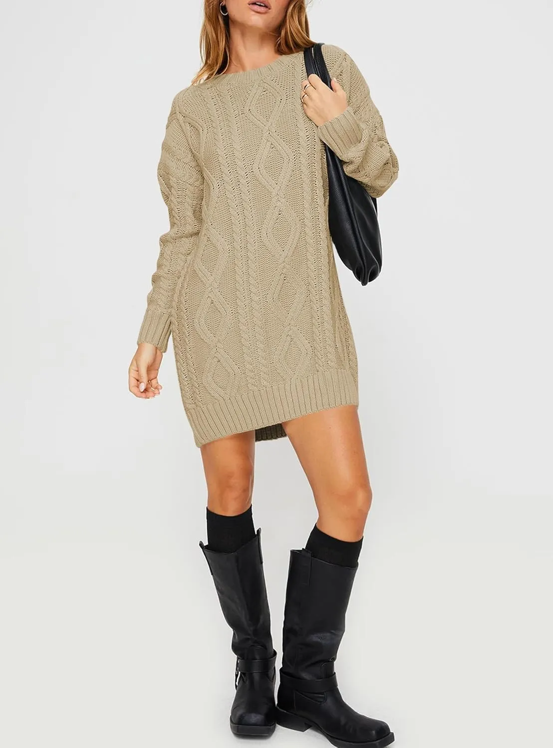 Cakulo Womens Oversized Chunky Cable Knit Mini Sweater Dress 2025 Fall Winter Pullover Long Sweaters Knitted Dresses