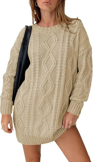 Cakulo Womens Oversized Chunky Cable Knit Mini Sweater Dress 2025 Fall Winter Pullover Long Sweaters Knitted Dresses
