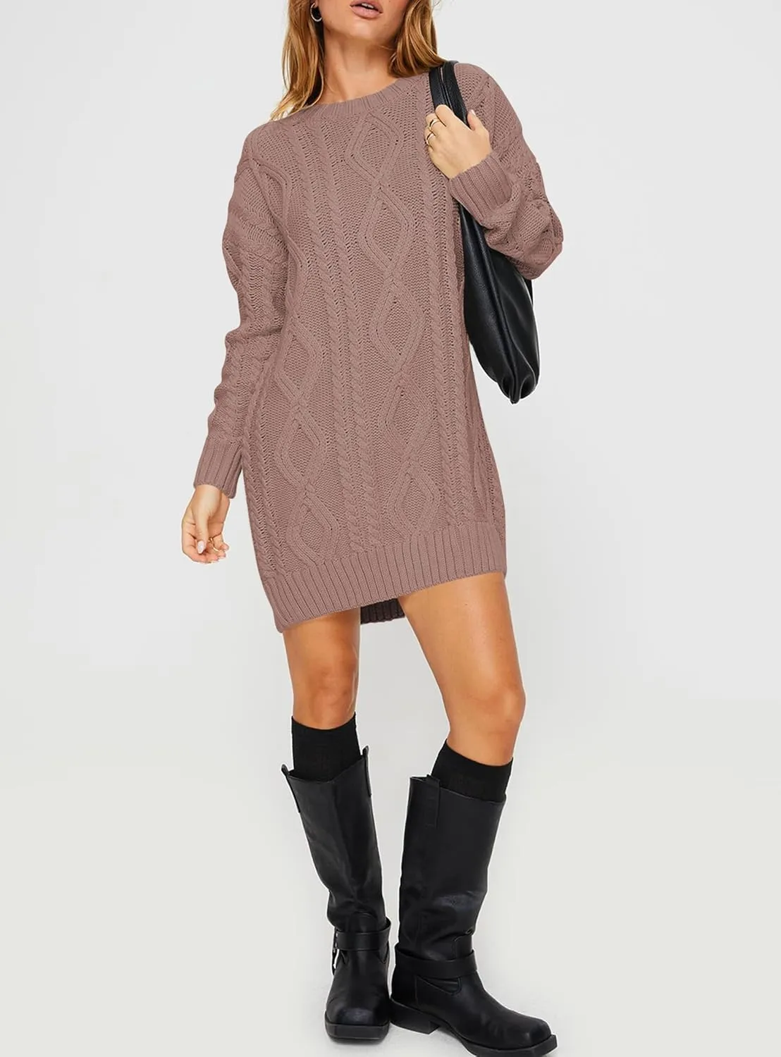Cakulo Womens Oversized Chunky Cable Knit Mini Sweater Dress 2025 Fall Winter Pullover Long Sweaters Knitted Dresses