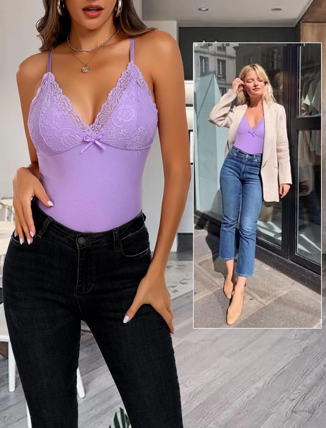 Camisole Tops for Women Cotton Lace Cami Top Adjustable Spaghetti Strap Tank Top V Neck Lace Trim Undershirt
