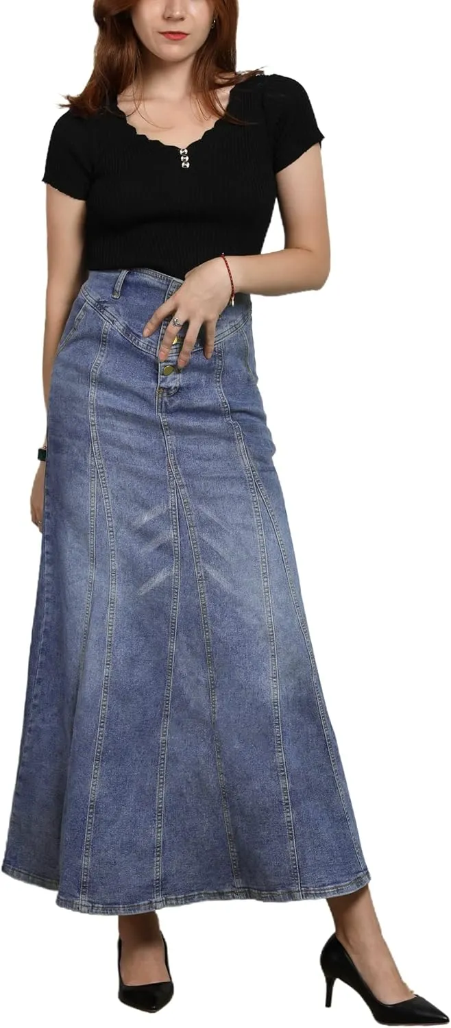 CHARTOU Women's Retro Exposure Button-Fly Packaged Hip A-Line Maxi Long Denim Skirt