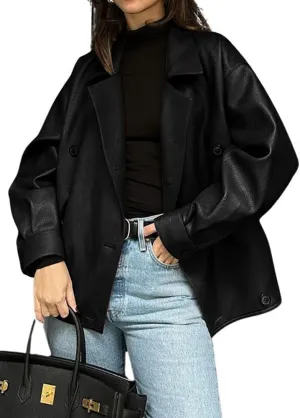 chouyatou Women's Vintage Faux Leather Bomber Jacket Double Breasted Oversized Coat Motorcycle Jacket