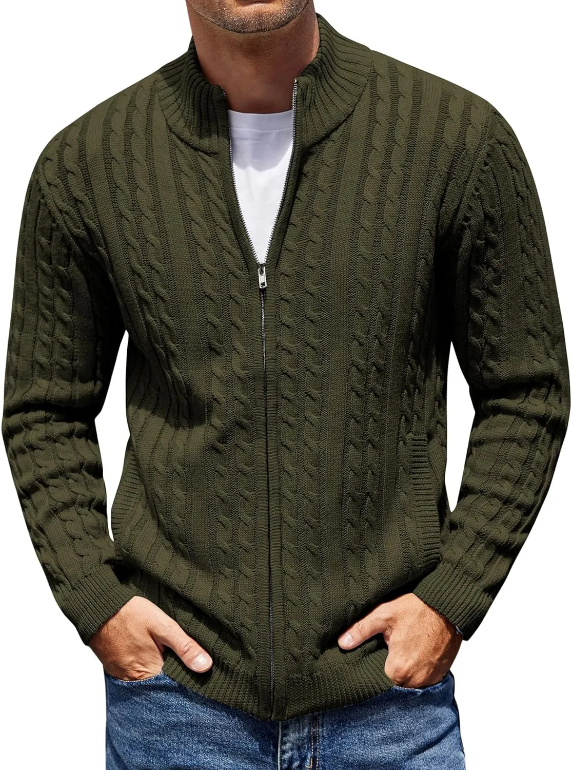 COOFANDY Men's Full Zip Cardigan Sweater Slim Fit Cable Knitted Zip Up Sweater with Pockets
