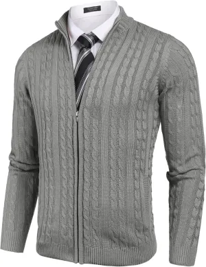 COOFANDY Men's Full Zip Cardigan Sweater Slim Fit Cable Knitted Zip Up Sweater with Pockets