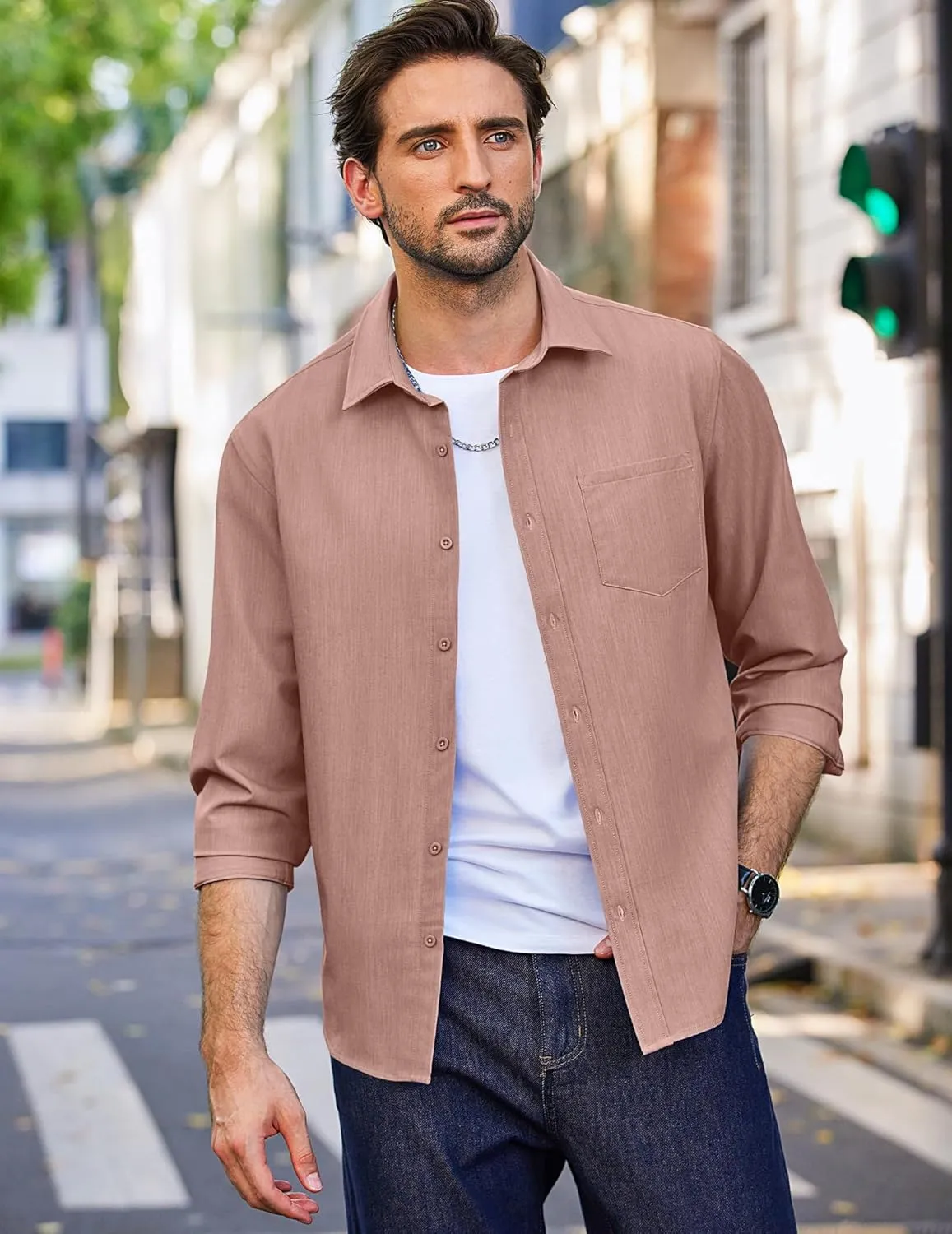 COOFANDY Men's Long Sleeve Button Down Shirt Wrinkle Free Untucked Dress Shirt Casual Denim Shirt