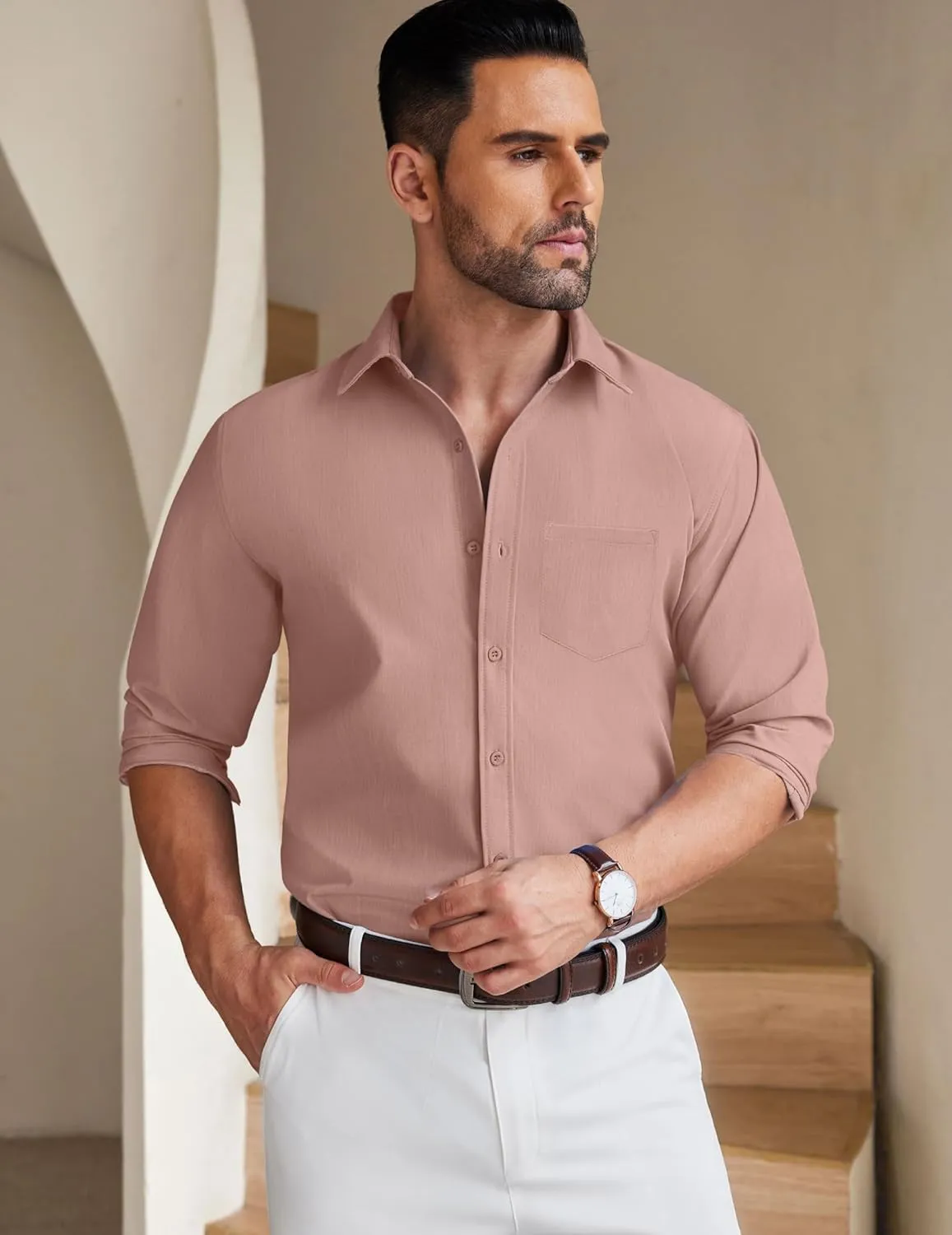 COOFANDY Men's Long Sleeve Button Down Shirt Wrinkle Free Untucked Dress Shirt Casual Denim Shirt