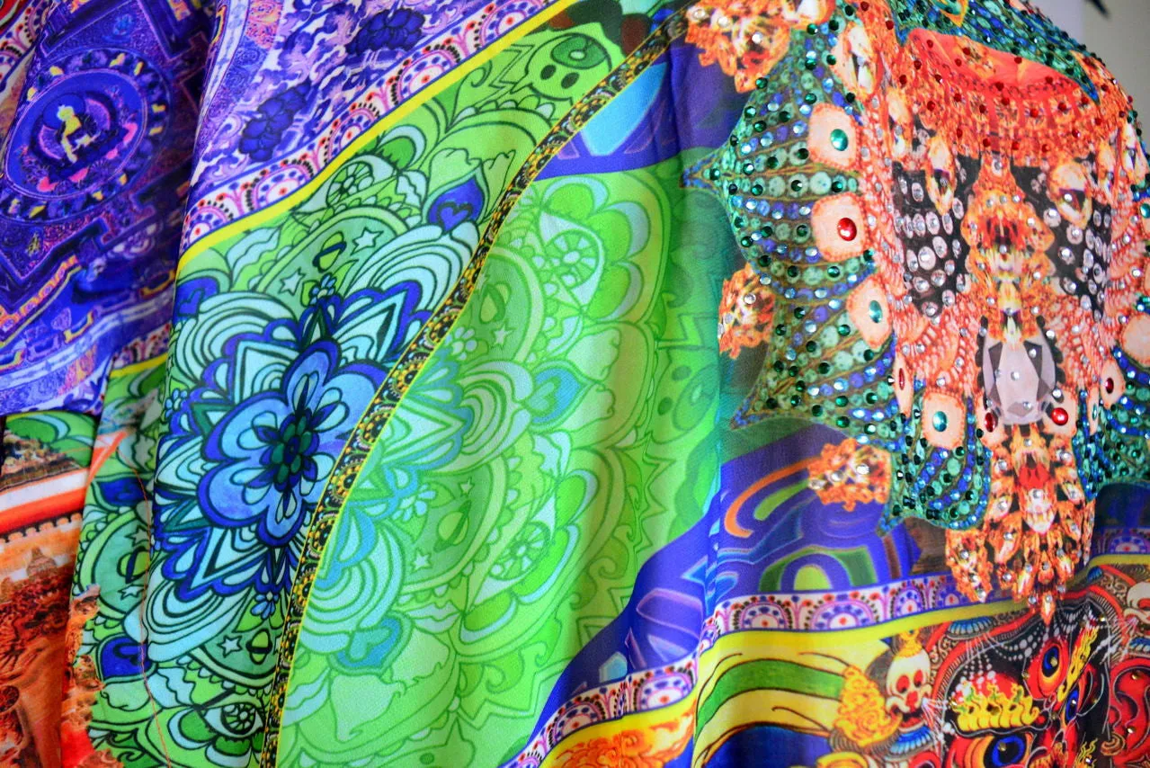 Devarshy Intricate Tibetan Thangka Printed Short Georgette Kaftan - 1064C