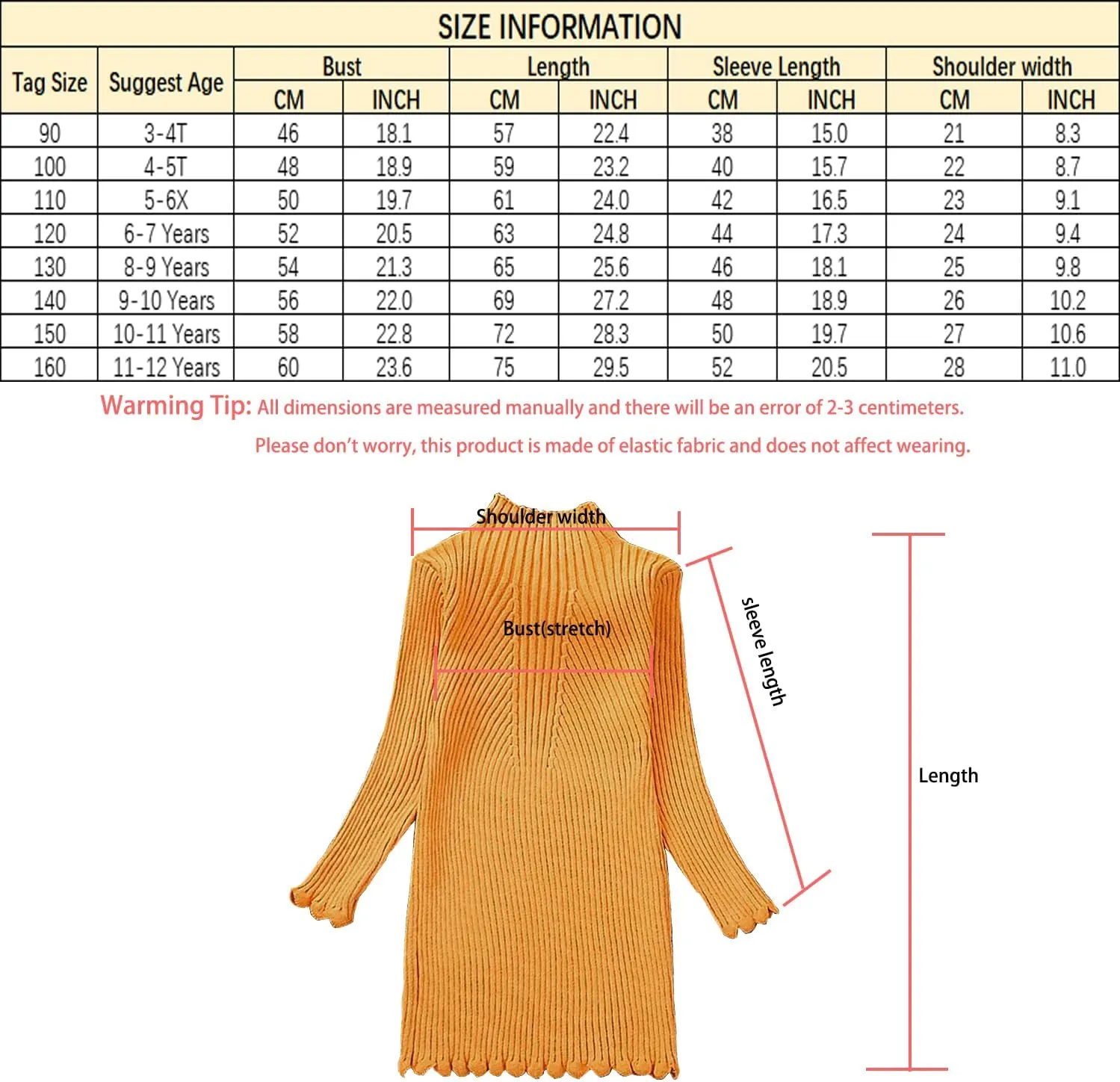 Girls Knit Sweater Dress Long Sleeve High Neck Winter Sweater Dress Size 3-12T