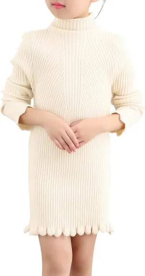 Girls Knit Sweater Dress Long Sleeve High Neck Winter Sweater Dress Size 3-12T