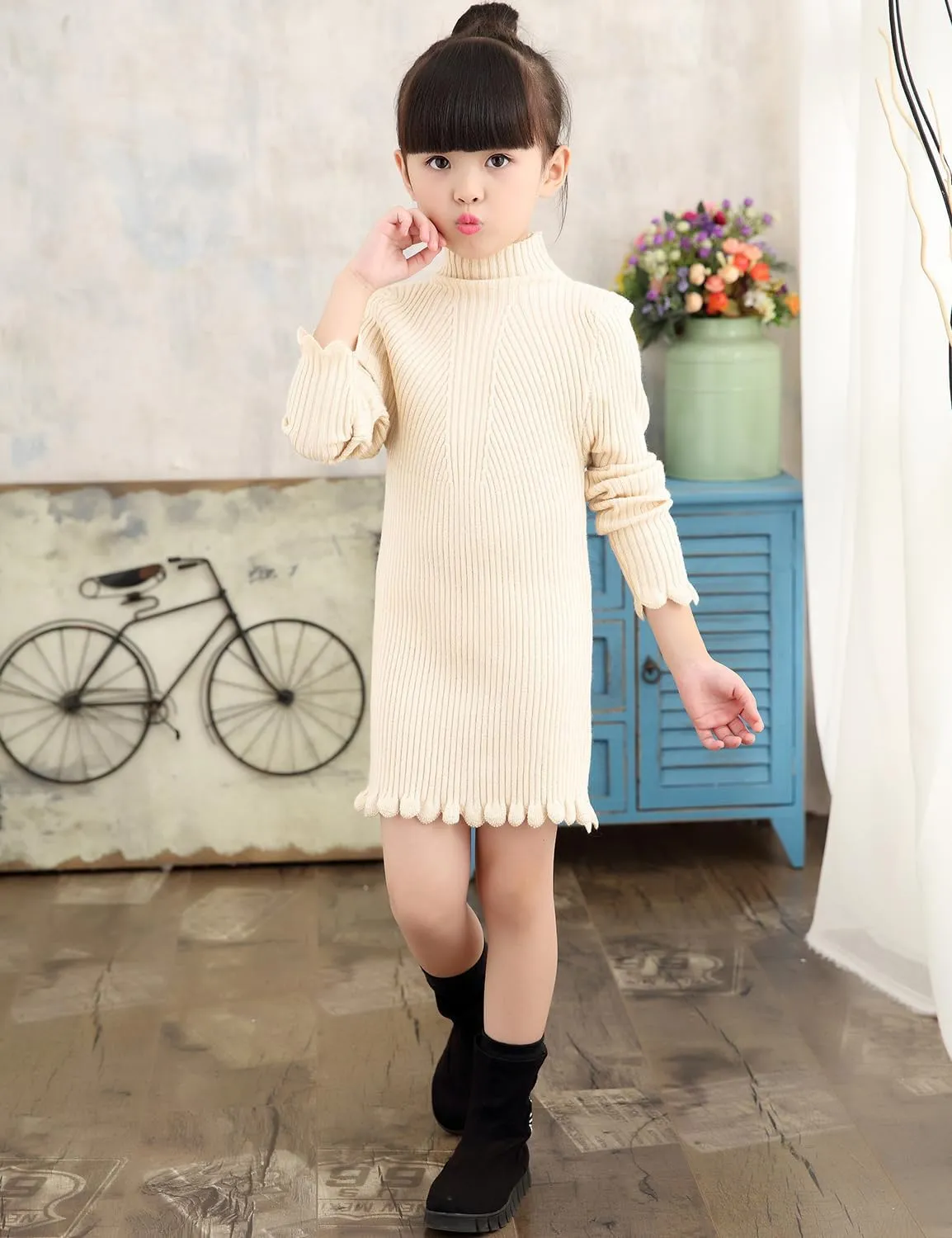 Girls Knit Sweater Dress Long Sleeve High Neck Winter Sweater Dress Size 3-12T