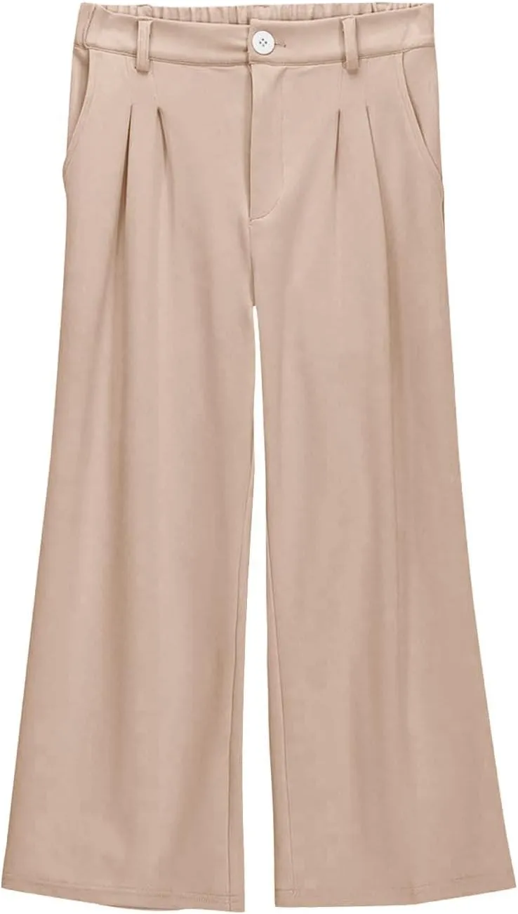 Girls School Uniform Long Pants Preppy Buttons High Waist Baggy Wide Leg Trousers Teen Formal Casual Dress Pants