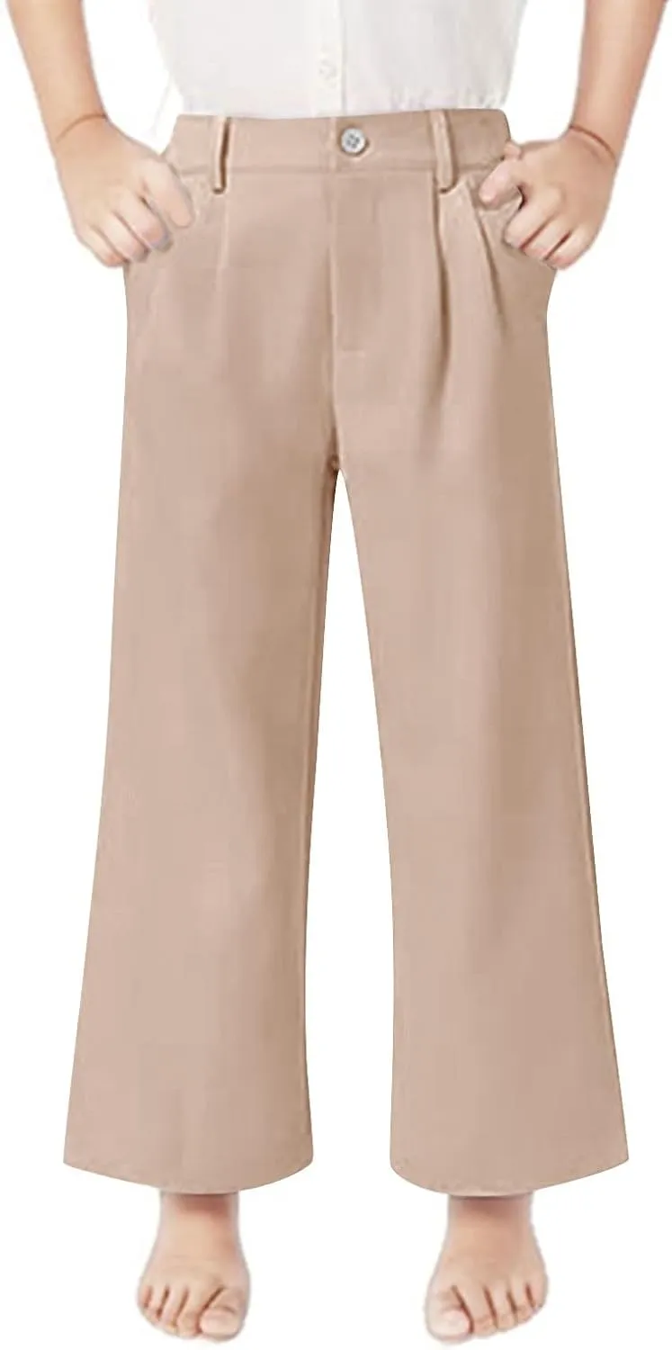 Girls School Uniform Long Pants Preppy Buttons High Waist Baggy Wide Leg Trousers Teen Formal Casual Dress Pants