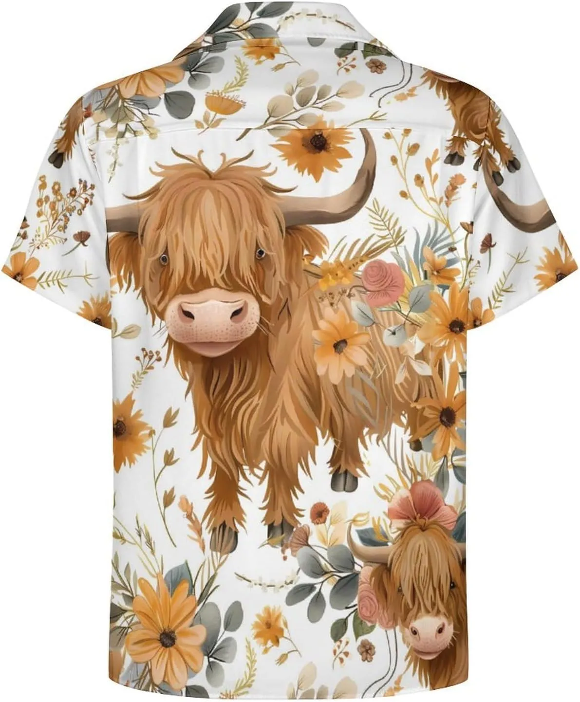 Highland Cow Print Men's Hawaiian Shirt Cuban Collar Shirt Short Sleeve Button Down Tops Beach T Shirts