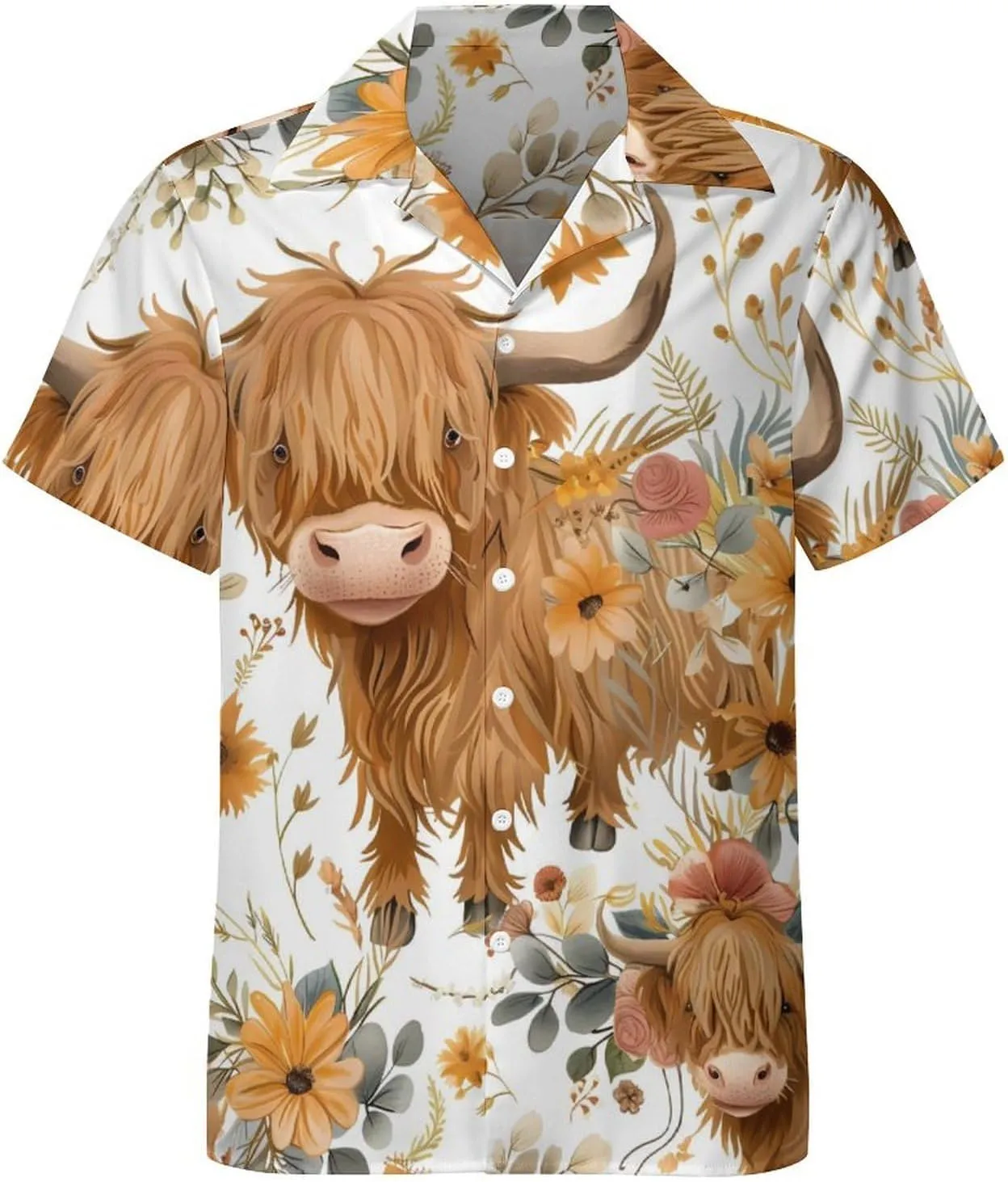 Highland Cow Print Men's Hawaiian Shirt Cuban Collar Shirt Short Sleeve Button Down Tops Beach T Shirts