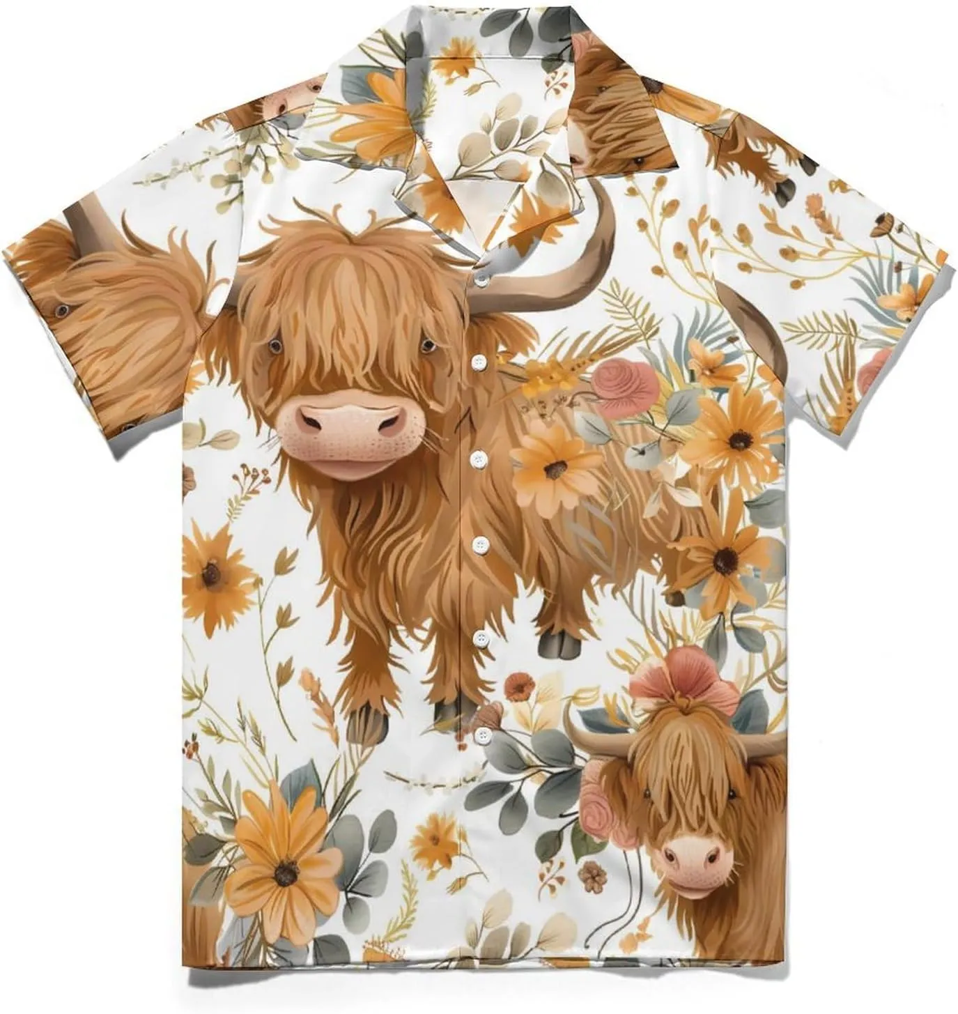 Highland Cow Print Men's Hawaiian Shirt Cuban Collar Shirt Short Sleeve Button Down Tops Beach T Shirts