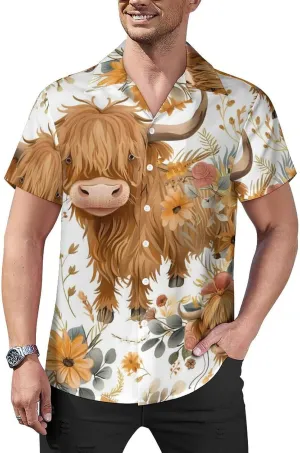 Highland Cow Print Men's Hawaiian Shirt Cuban Collar Shirt Short Sleeve Button Down Tops Beach T Shirts