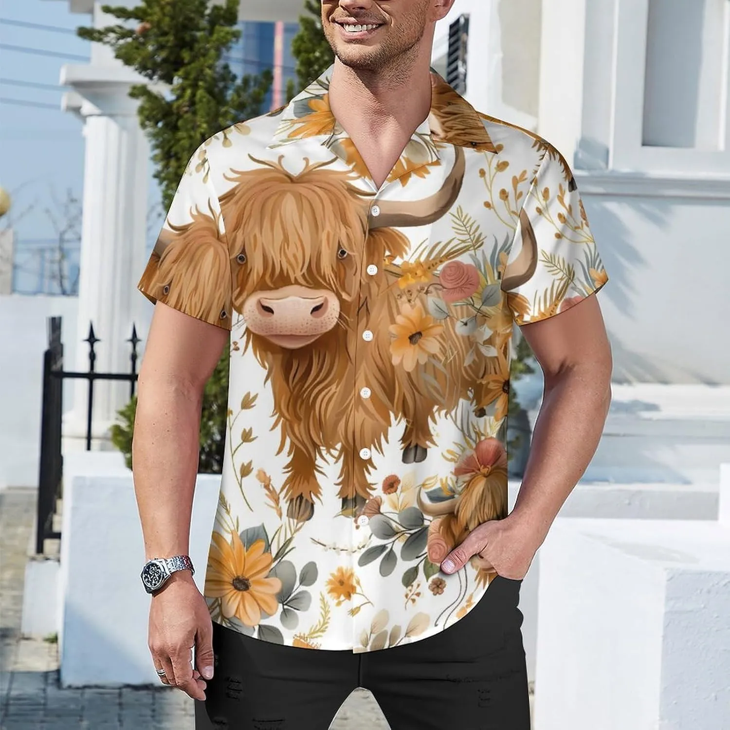 Highland Cow Print Men's Hawaiian Shirt Cuban Collar Shirt Short Sleeve Button Down Tops Beach T Shirts