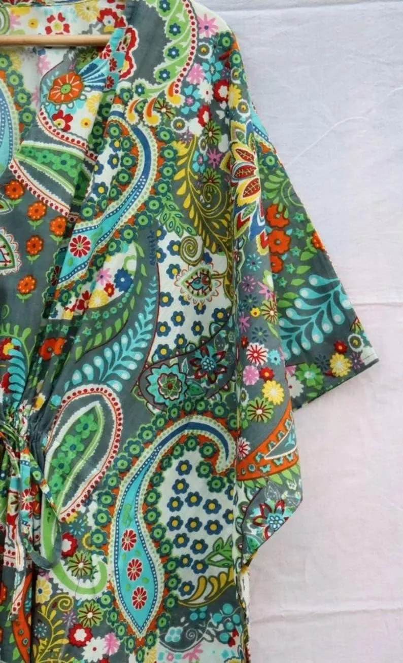 INDACORIFY 100% Cotton Kaftan Dress, Floral Printed Women Dressmaking, Handmade Indian Long Kaftan Suit, Beautiful Beach