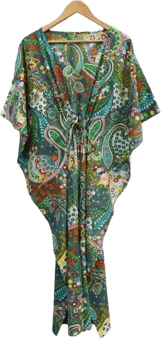 INDACORIFY 100% Cotton Kaftan Dress, Floral Printed Women Dressmaking, Handmade Indian Long Kaftan Suit, Beautiful Beach