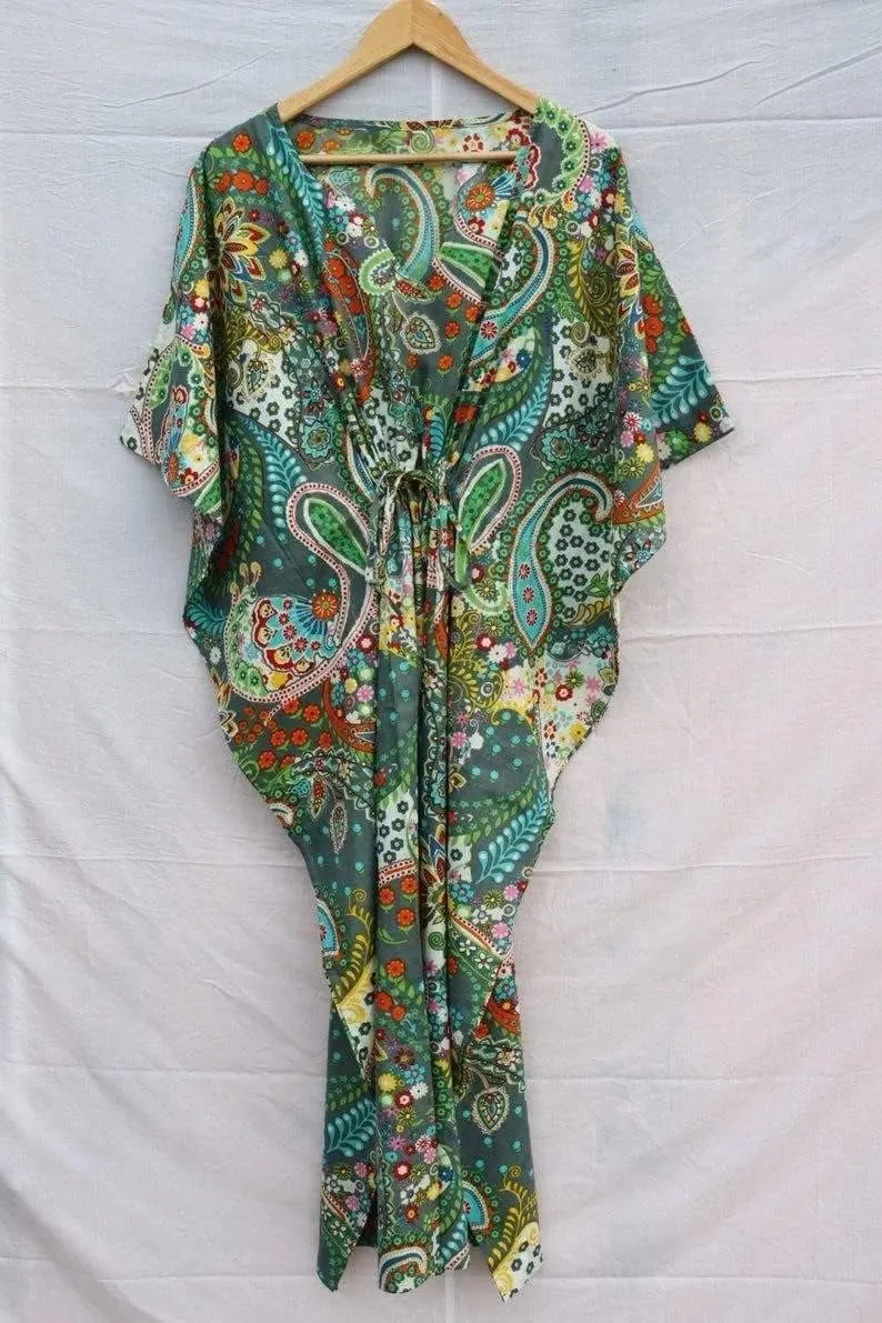 INDACORIFY 100% Cotton Kaftan Dress, Floral Printed Women Dressmaking, Handmade Indian Long Kaftan Suit, Beautiful Beach