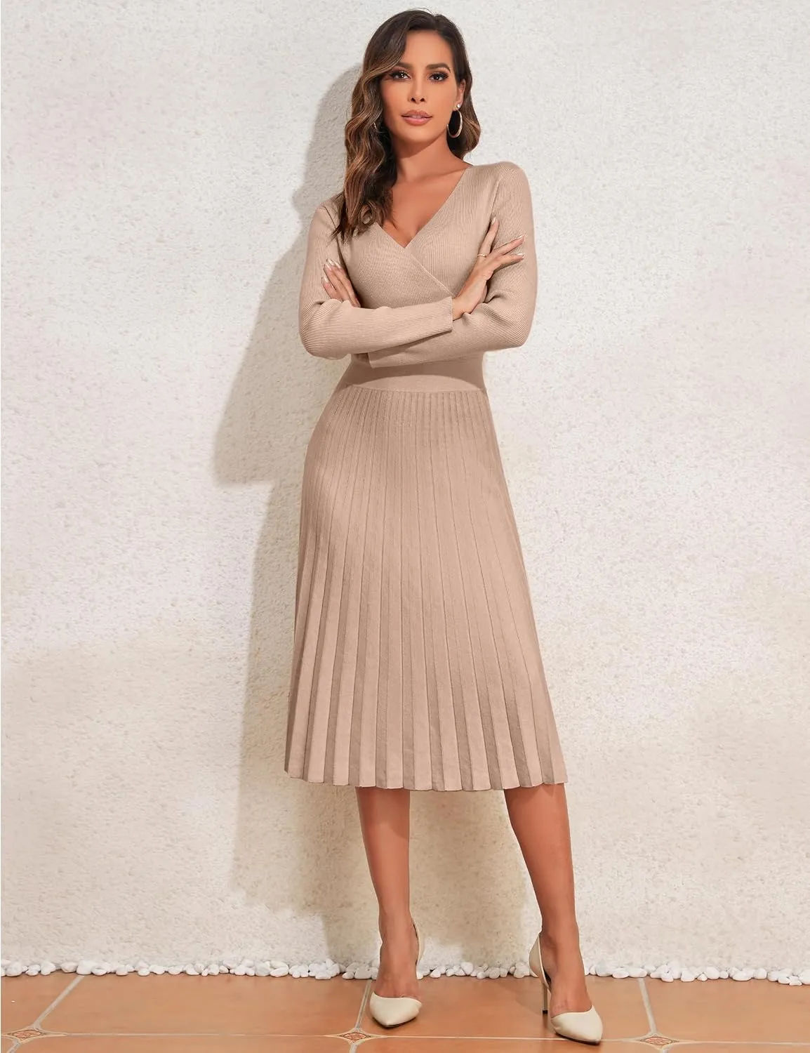 kayamiya Women's V Neck Wrap Sweater Dress Long Sleeve Ribbed Knit Pleated Swing A Line Midi Dresses