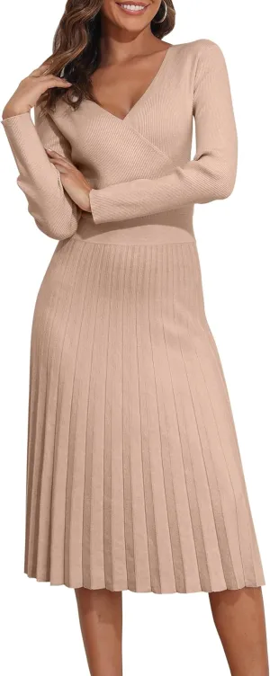 kayamiya Women's V Neck Wrap Sweater Dress Long Sleeve Ribbed Knit Pleated Swing A Line Midi Dresses
