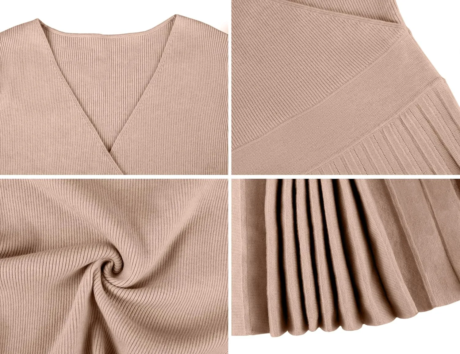 kayamiya Women's V Neck Wrap Sweater Dress Long Sleeve Ribbed Knit Pleated Swing A Line Midi Dresses