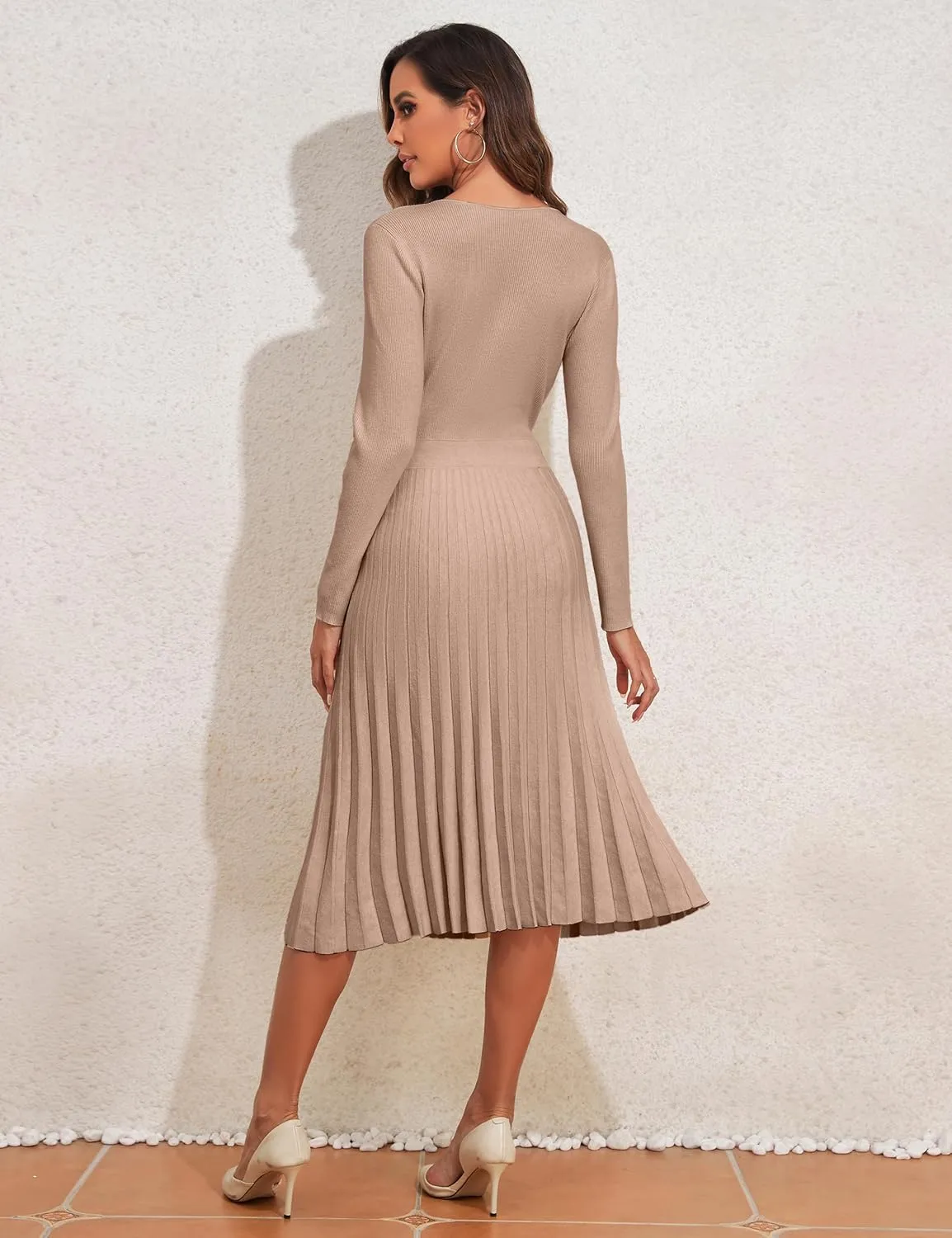 kayamiya Women's V Neck Wrap Sweater Dress Long Sleeve Ribbed Knit Pleated Swing A Line Midi Dresses