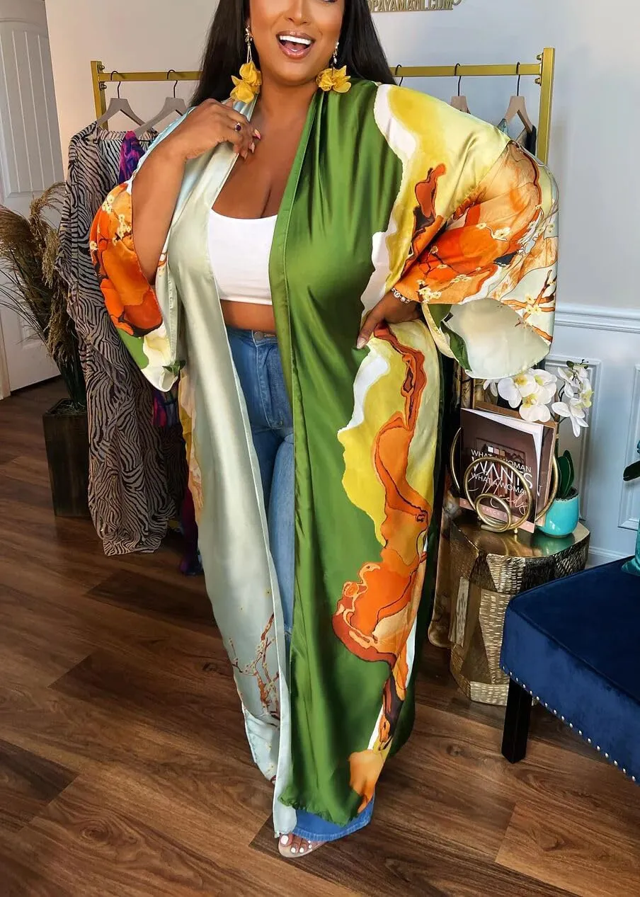 Kimono Cardigan for Women Long Boho Satin Kimono Robes Plus Size Open Front Beach Swimsuit Cover Ups Lightweight Duster