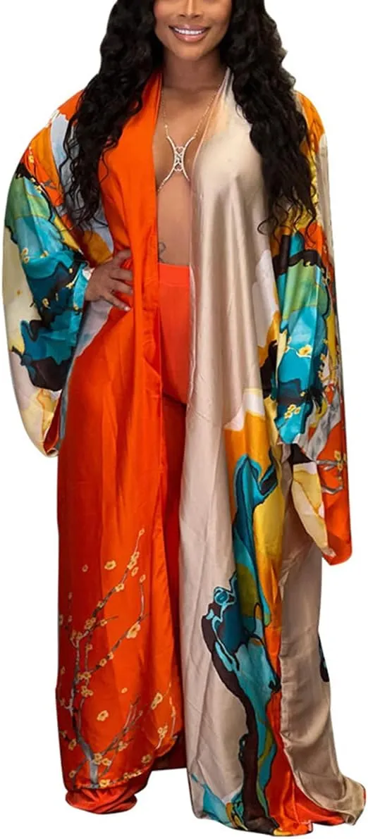 Kimono Cardigan for Women Long Boho Satin Kimono Robes Plus Size Open Front Beach Swimsuit Cover Ups Lightweight Duster