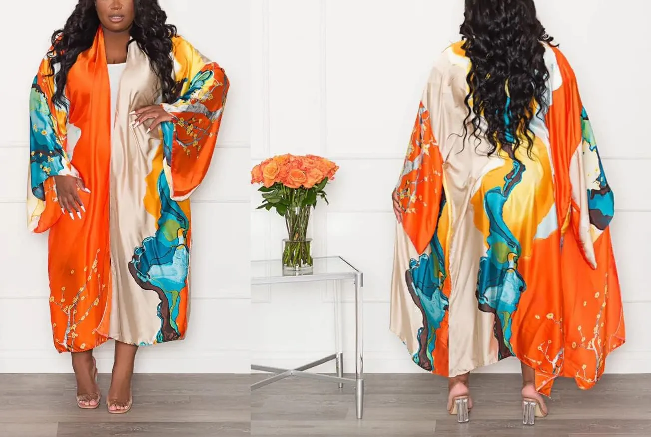 Kimono Cardigan for Women Long Boho Satin Kimono Robes Plus Size Open Front Beach Swimsuit Cover Ups Lightweight Duster