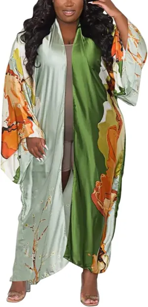 Kimono Cardigan for Women Long Boho Satin Kimono Robes Plus Size Open Front Beach Swimsuit Cover Ups Lightweight Duster