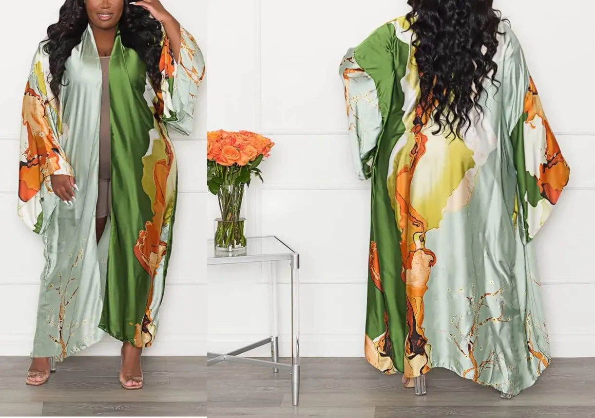 Kimono Cardigan for Women Long Boho Satin Kimono Robes Plus Size Open Front Beach Swimsuit Cover Ups Lightweight Duster