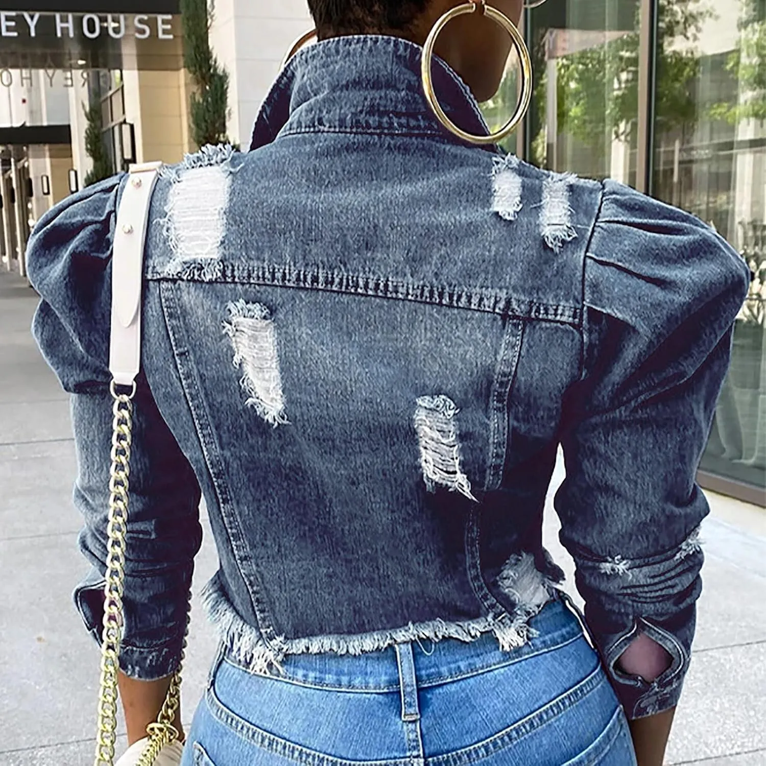 Long Puff Sleeve Jean Jacket for Women Trendy Short Cropped Denim Jackets Retro Frayed Raw Hem Ripped Denim Crop Top