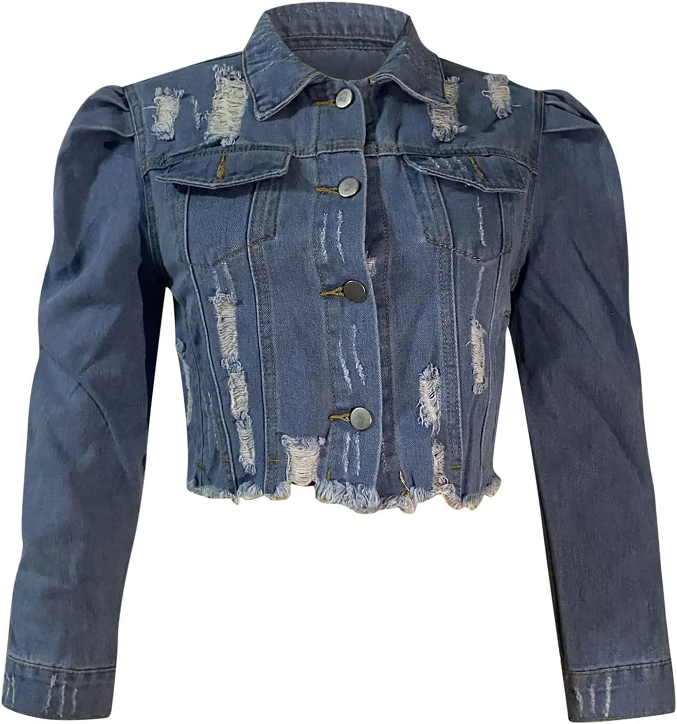 Long Puff Sleeve Jean Jacket for Women Trendy Short Cropped Denim Jackets Retro Frayed Raw Hem Ripped Denim Crop Top