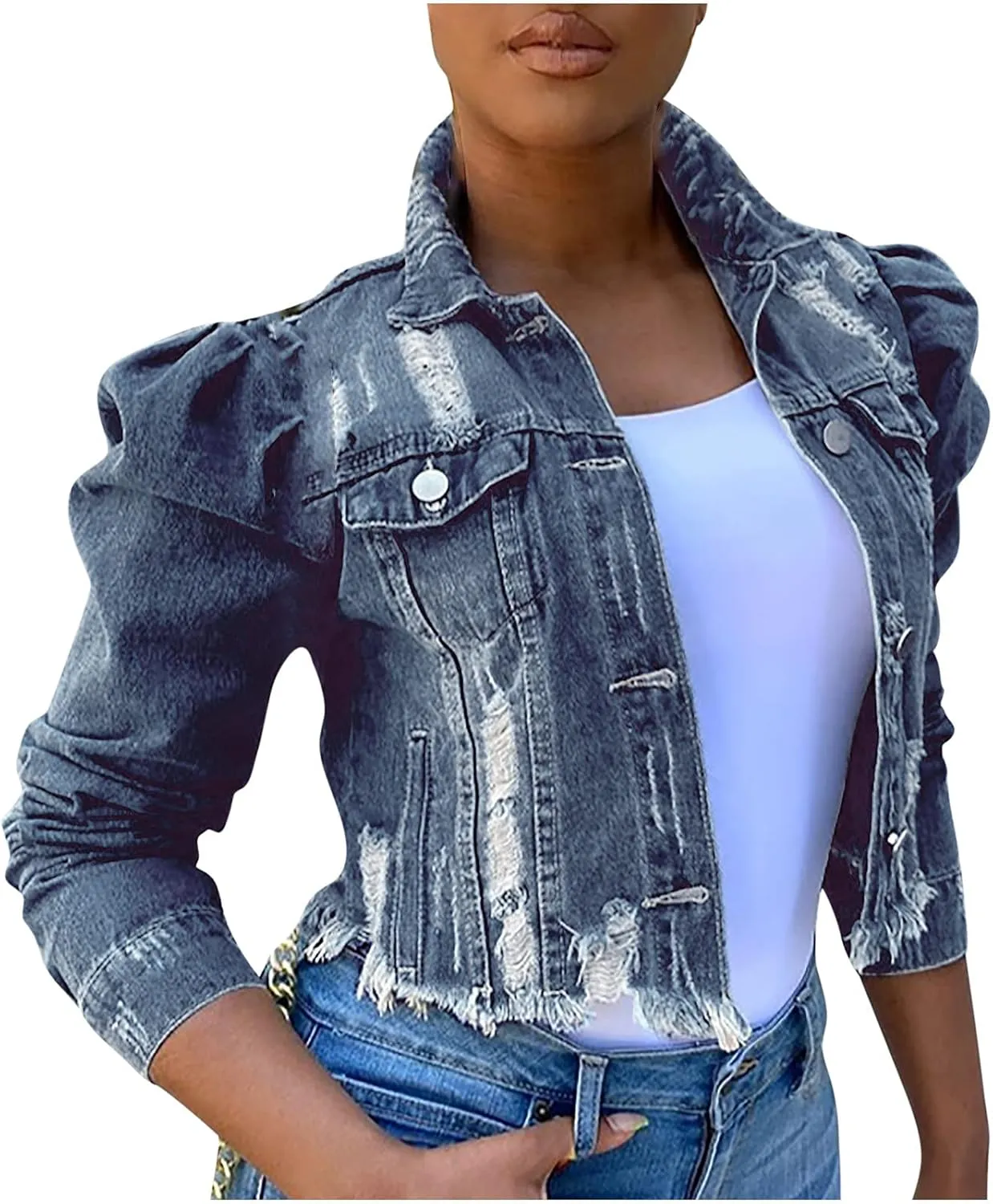 Long Puff Sleeve Jean Jacket for Women Trendy Short Cropped Denim Jackets Retro Frayed Raw Hem Ripped Denim Crop Top
