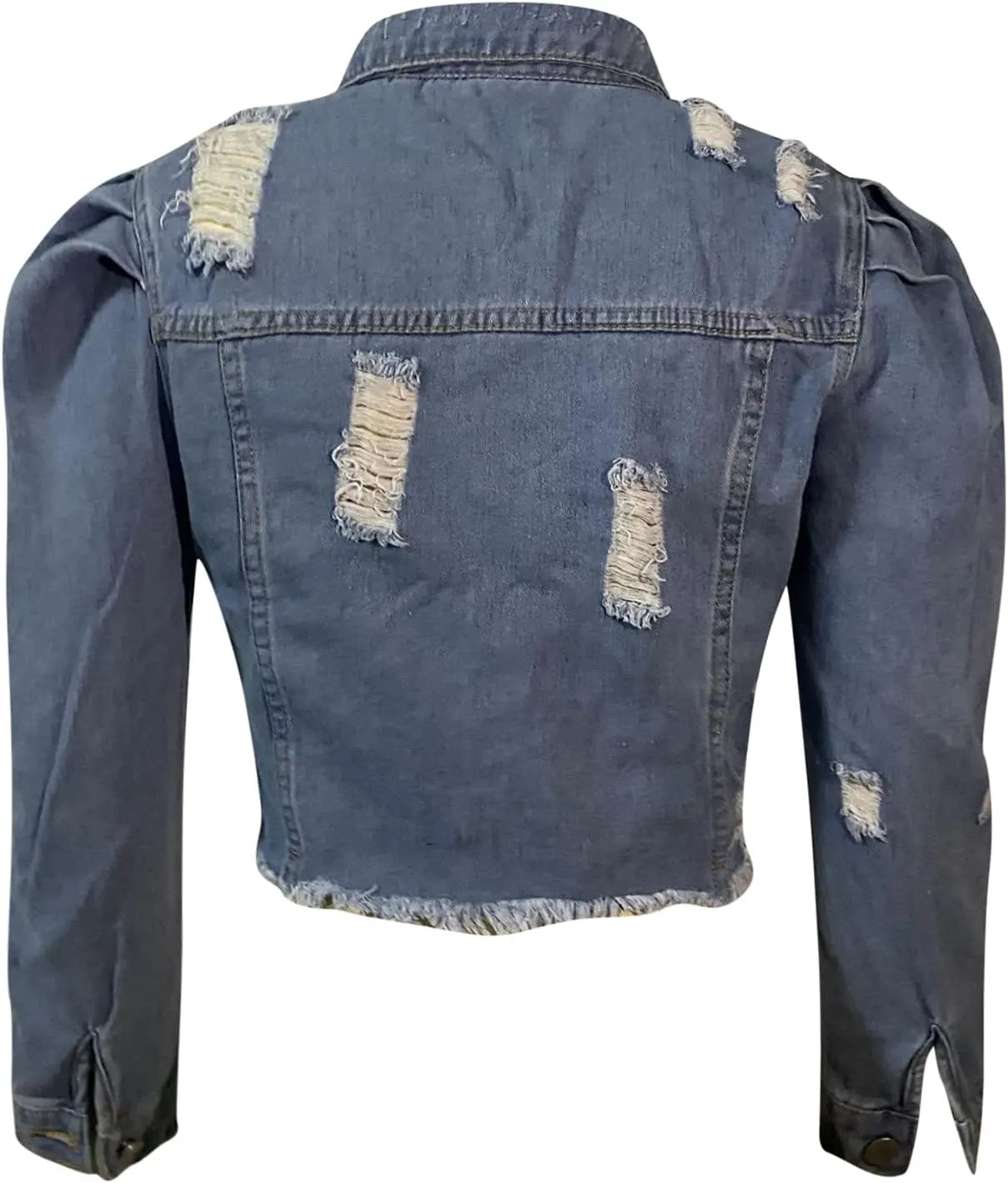Long Puff Sleeve Jean Jacket for Women Trendy Short Cropped Denim Jackets Retro Frayed Raw Hem Ripped Denim Crop Top