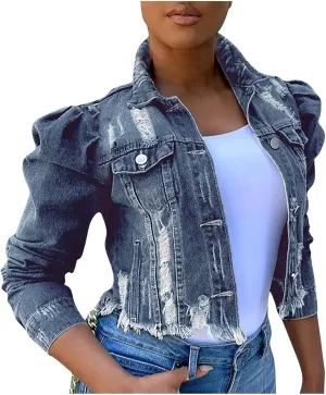 Long Puff Sleeve Jean Jacket for Women Trendy Short Cropped Denim Jackets Retro Frayed Raw Hem Ripped Denim Crop Top