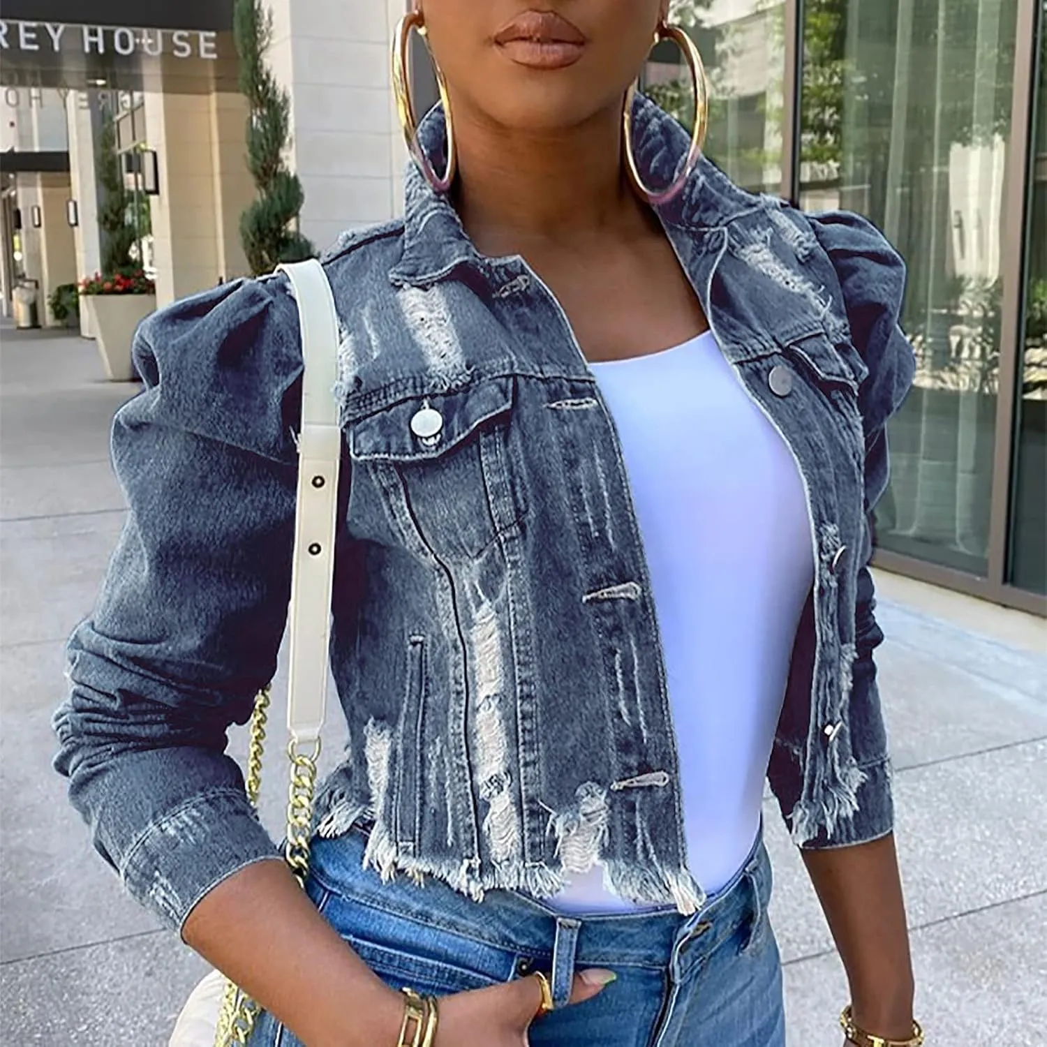Long Puff Sleeve Jean Jacket for Women Trendy Short Cropped Denim Jackets Retro Frayed Raw Hem Ripped Denim Crop Top