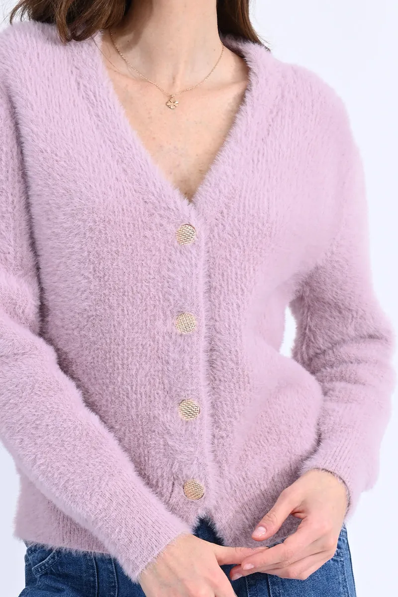 Mauve Fuzzy V-Neck Cardigan by Molly Bracken