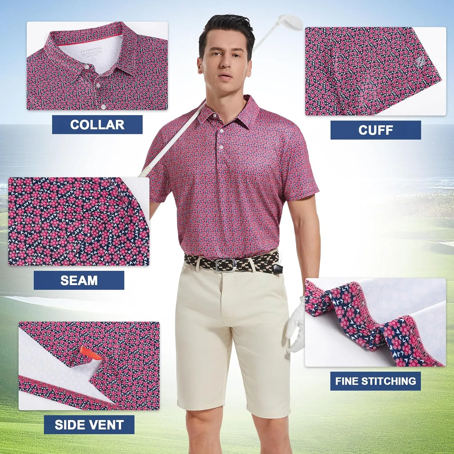 Mens Golf Shirt Short Sleeve Dry Fit Print Moisture Wicking Performance Patterns Collared Polo Shirt
