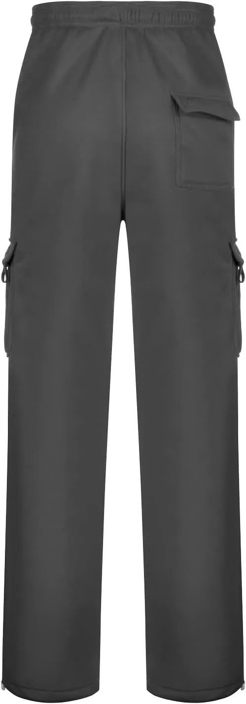 Mens Heavyweight Fleece Cargo Sweatpants Joggers Baggy Elastic Waist Drawstring Workout Pants with Pockets Winter
