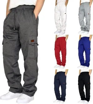 Mens Heavyweight Fleece Cargo Sweatpants Joggers Baggy Elastic Waist Drawstring Workout Pants with Pockets Winter