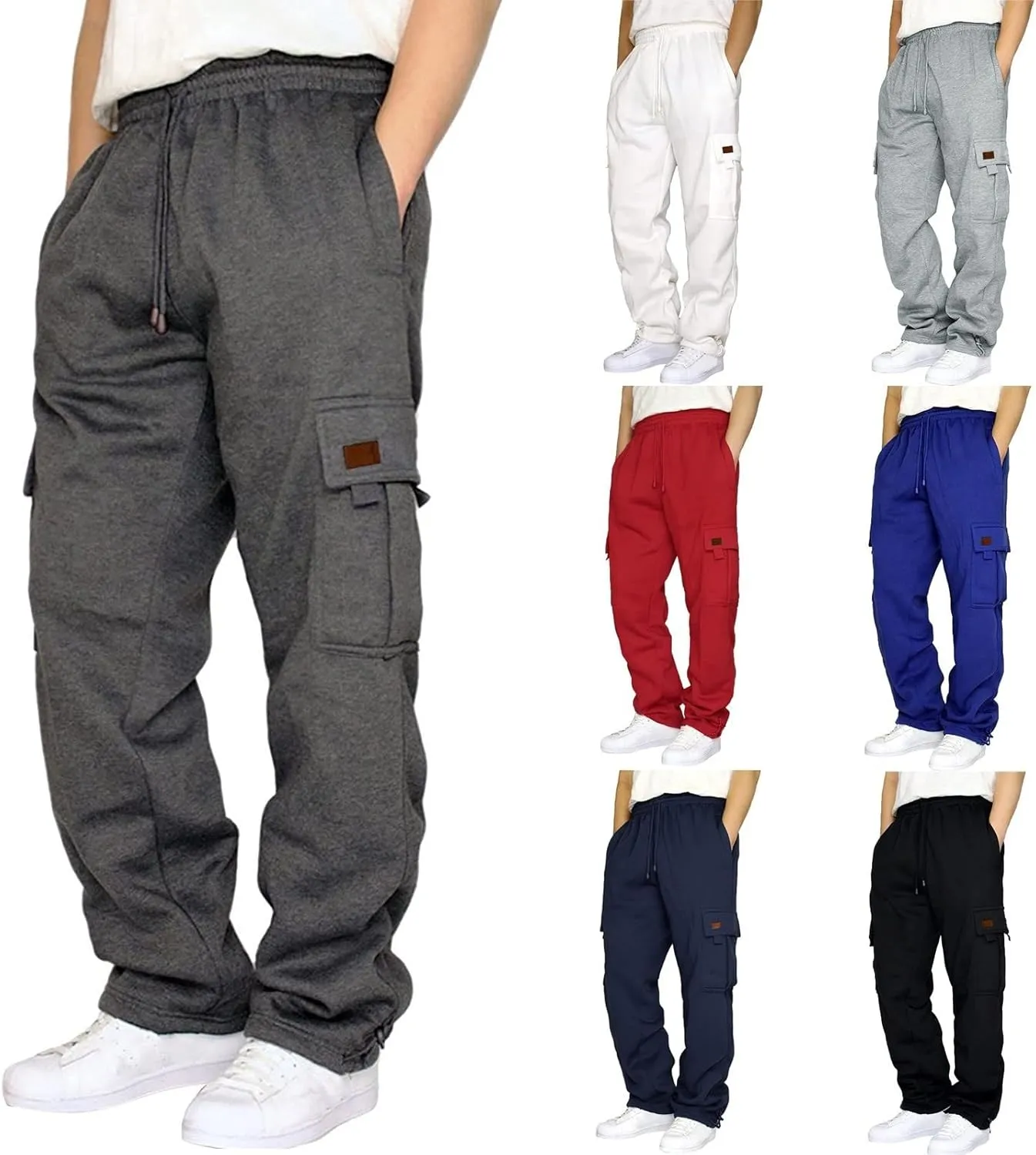 Mens Heavyweight Fleece Cargo Sweatpants Joggers Baggy Elastic Waist Drawstring Workout Pants with Pockets Winter